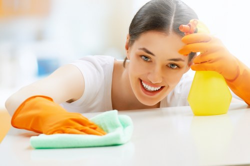 Cleaner inspecting carpet cleaning machinery and wet flooring safety