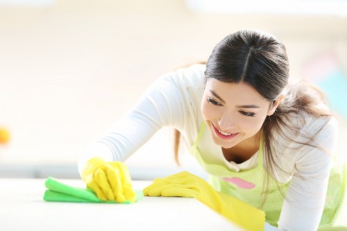 Protective gloves and cleaning equipment used during carpet cleaning